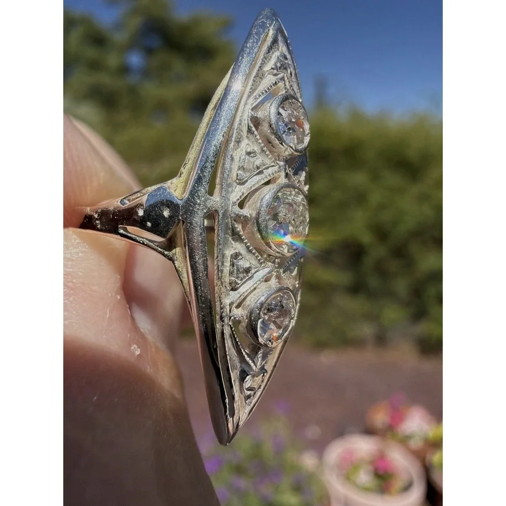 Antique Edwardian 12k Solid Gold Natural Old European Cut Ring Filigree Navette - Picture 3 of 10